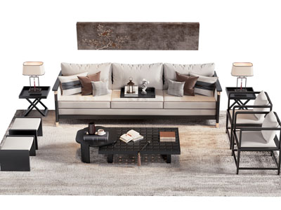 新中式多人沙发 休闲椅子和茶几组合