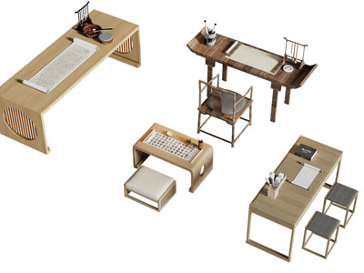 新中式书桌椅组合3d模型 新中式书桌椅组合