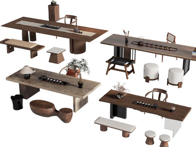 新中式长方形茶桌椅组合