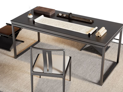 新中式书桌椅组合3d模型 新中式书桌椅组合