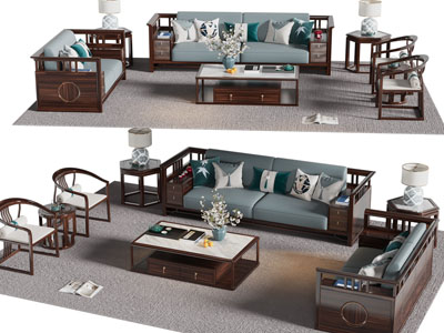 新中式双人 单人沙发和茶几组合