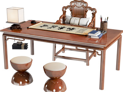 新中式书桌椅组合3d模型 新中式书桌椅组合