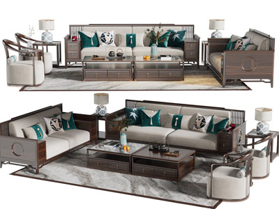 新中式双人沙发 圈椅和茶几组合