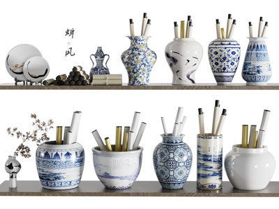 新中式青花瓷陶瓷器皿 摆件组合