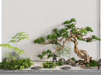 新中式松树 花草 石子景观园艺小品