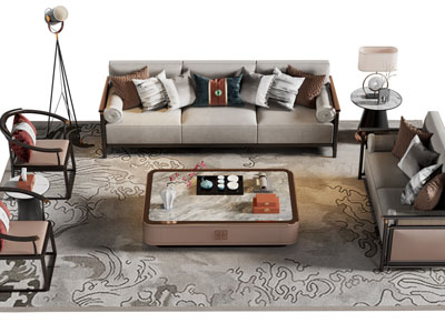 新中式多人 双人沙发 扶手椅和茶几组合