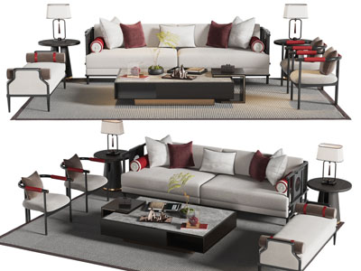 新中式双人沙发 圈椅和茶几组合