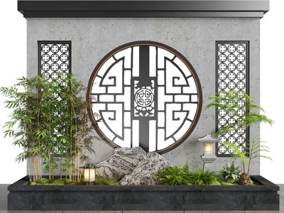 新中式景墙 竹子 石头景观园艺小品