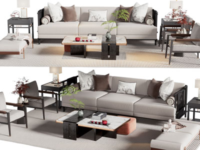 新中式多人沙发 休闲椅子和茶几组合