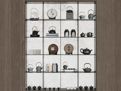 新中式茶叶 茶饼 茶具杯子装饰柜3d模型 新中式茶叶 茶饼 茶具杯子装饰柜