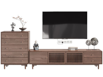 新中式实木电视柜 边柜 电视3d模型 新中式实木电视柜 边柜 电视