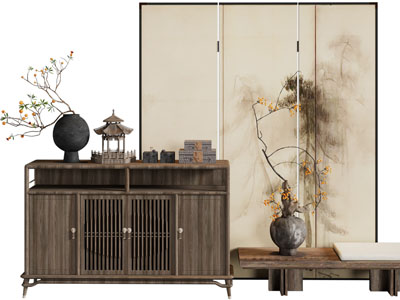 新中式中古风玄关柜 边柜 屏风3d模型 新中式中古风玄关柜 边柜 屏风
