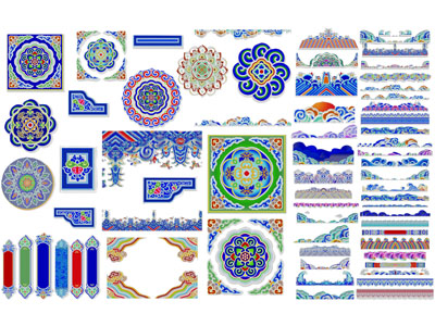 现代中国民族花纹图案 雕花 浪花剪影 剪纸