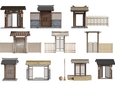 新中式庭院大门 木门 双开门 篱笆墙 门头3d模型 新中式庭院大门 木门 双开门 篱笆墙 门头