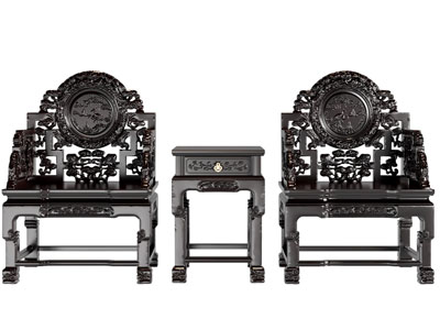 中式实木雕花扶手椅子 边几