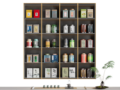 新中式茶馆 茶具杯子收纳装饰柜3d模型 新中式茶馆 茶具杯子收纳装饰柜