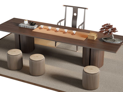 新中式长方形实木茶桌椅组合