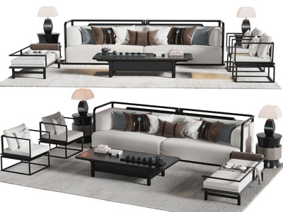 新中式多人沙发 休闲椅子和茶几组合