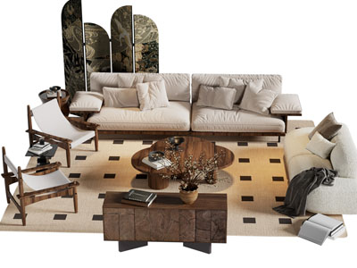 现代中古风多人沙发 休闲椅子和茶几组合