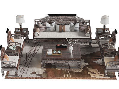 中式古典雕花多人 单人沙发和茶几组合