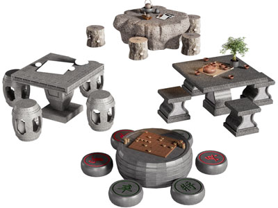 新中式石头茶桌 象棋娱乐桌椅组合