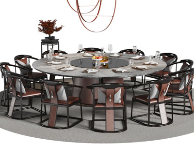 新中式大理石圆形餐桌椅组合