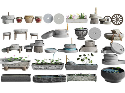 新中式荷花池 石磨 水缸 石槽