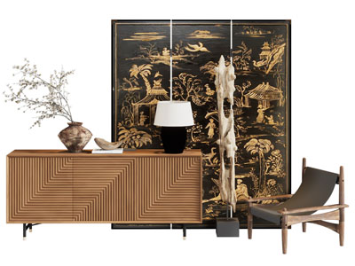 新中式中古风玄关柜 边柜 屏风3d模型 新中式中古风玄关柜 边柜 屏风