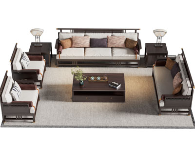 新中式多人 单人沙发 茶几组合