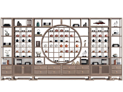 新中式实木博古架 装饰柜 茶壶 茶杯摆件3d模型 新中式实木博古架 装饰柜 茶壶 茶杯摆件