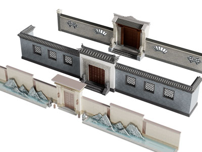 新中式景观围墙 庭院大门 双开门3d模型 新中式景观围墙 庭院大门 双开门