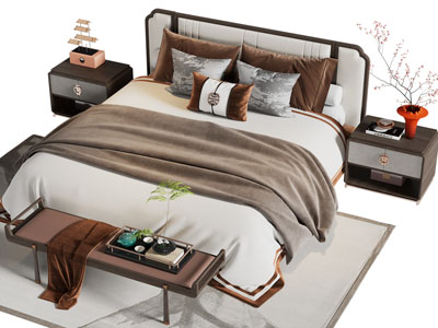 新中式双人床 床头柜 床尾凳