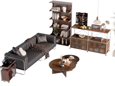 现代中古风多人沙发 书柜 边柜