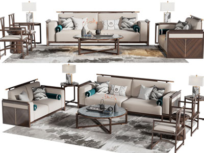 新中式双人 单人沙发 和茶几组合