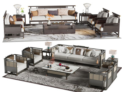 新中式实木多人沙发 单人沙发和茶几组合