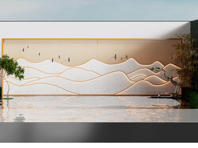 新中式庭院山脉景墙 水池景观园艺小品