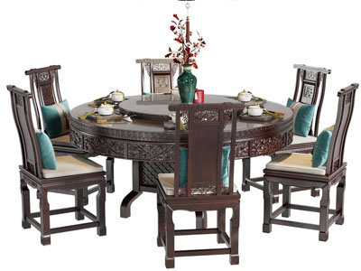 中式雕花实木圆形餐桌椅组合