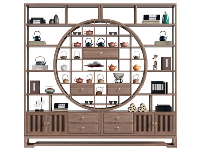 新中式装饰柜 博古架 茶壶 茶具杯子3d模型 新中式装饰柜 博古架 茶壶 茶具杯子