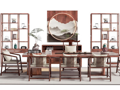 新中式实木茶桌椅组合 博古架