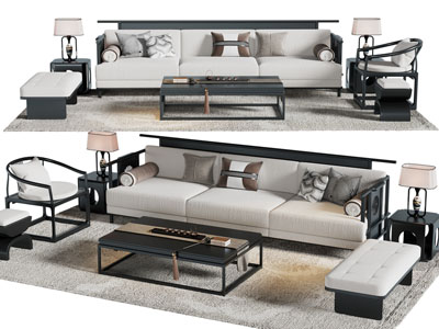 新中式多人沙发 沙发凳 休闲椅和茶几组合