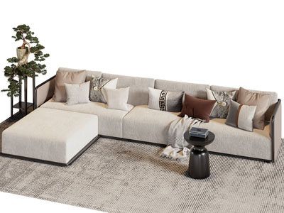 新中式转角多人沙发 边几