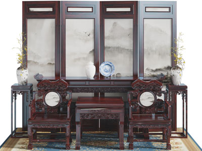 中式老式红木雕花扶手椅子 案几 条案 屏风