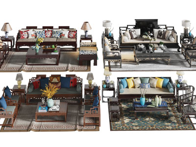 新中式多人沙发 休闲椅和茶几组合