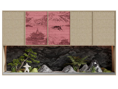 新中式室内松树 石头 景观园艺小品