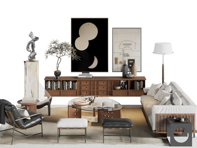 现代中古风书柜 多人沙发和茶几组合