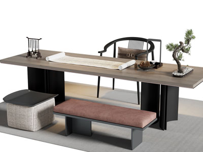 新中式实木长方形茶桌椅组合