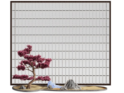 新中式室内玻璃景墙 松树 假山景观园艺小品