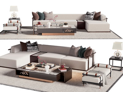 新中式转角多人沙发 沙发凳子和茶几组合