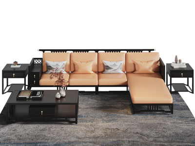 新中式转角多人沙发 茶几组合