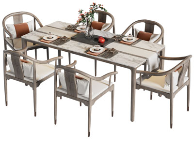 新中式长方形大理石餐桌椅组合